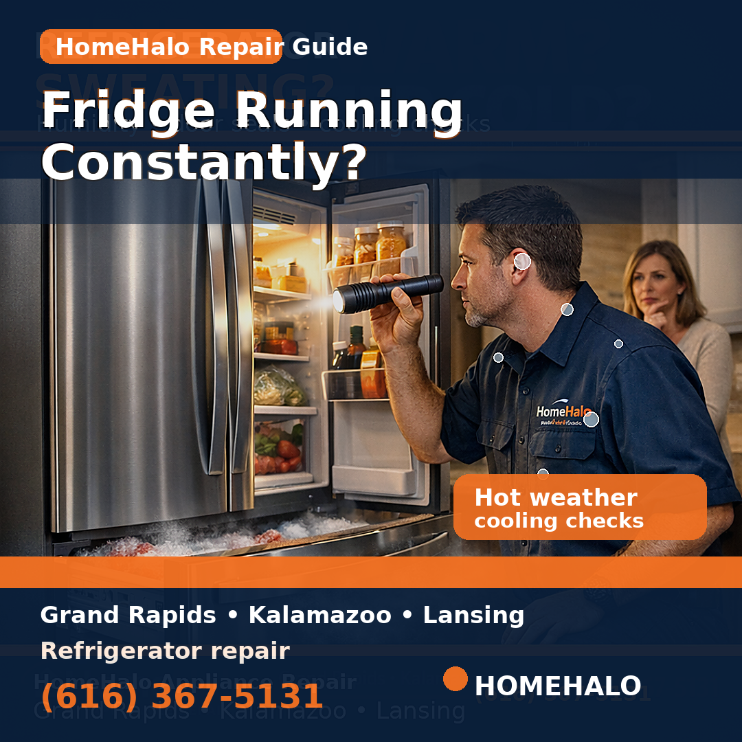 HomeHalo refrigerator repair guide for a fridge running constantly in hot West Michigan weather