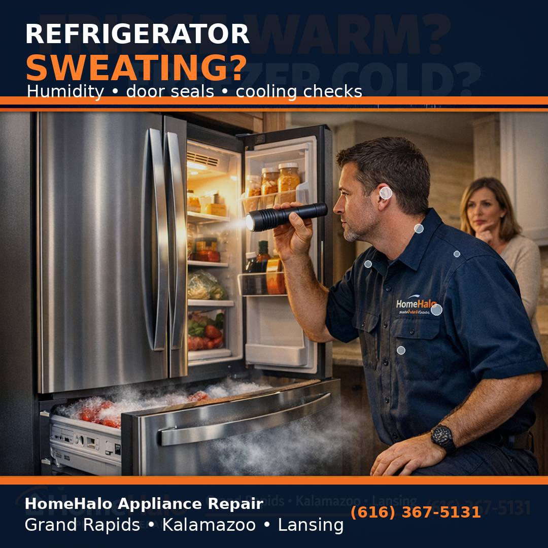 HomeHalo technician inspecting refrigerator condensation and door seal