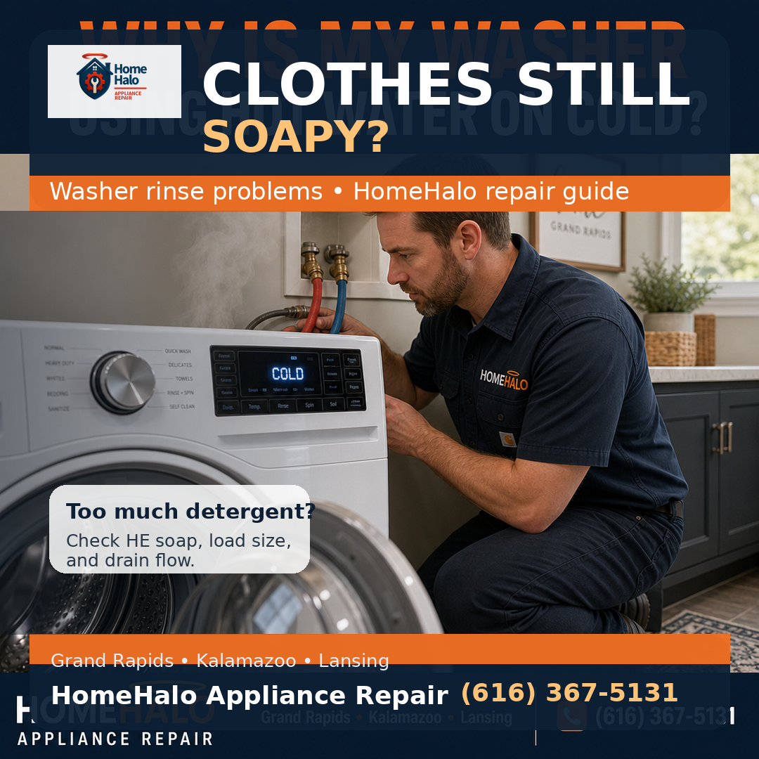 HomeHalo washer repair guide for clothes still soapy after washing in West Michigan