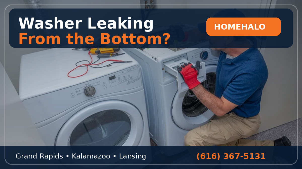 HomeHalo washer repair guide for a washing machine leaking from the bottom in West Michigan