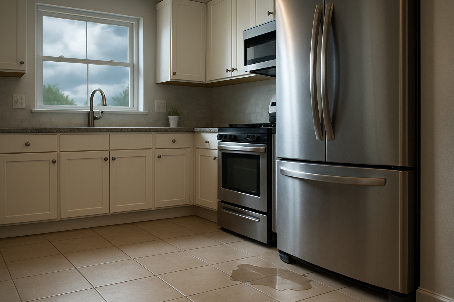 Refrigerator leaking water after a power outage in a Michigan kitchen