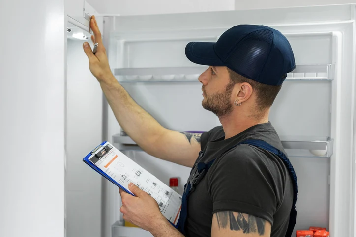 HomeHalo technician diagnosing a refrigerator repair issue in a customer kitchen